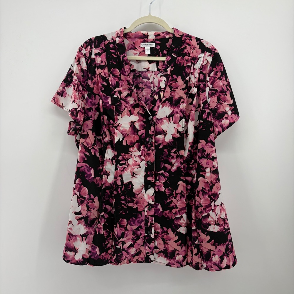 Croft & Barrow Womens 2X Pink Floral Button Down Short Sleeve V-Neck Blouse
